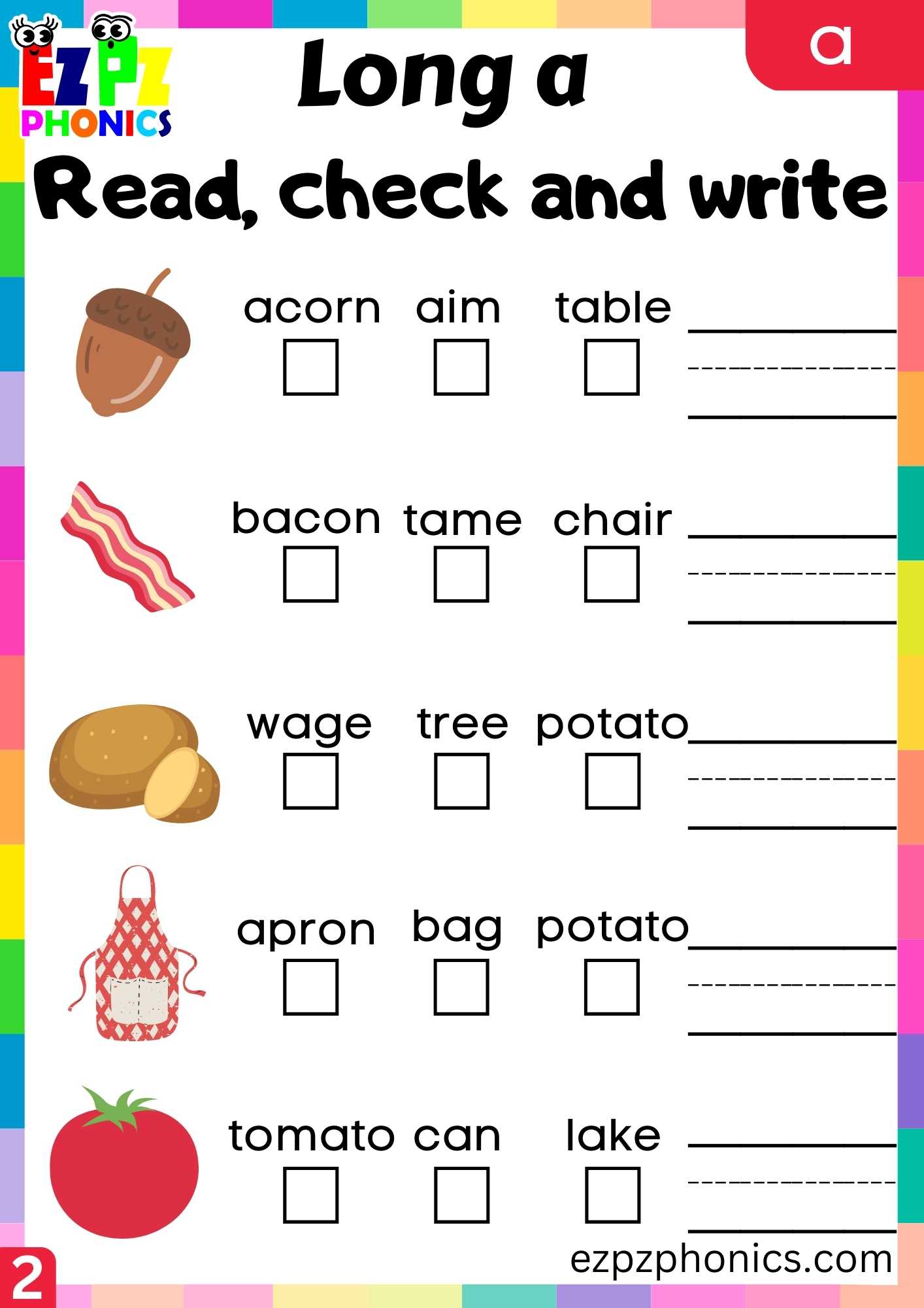 Group2 A Words Read, Check And Write Long A Phonics Worksheet